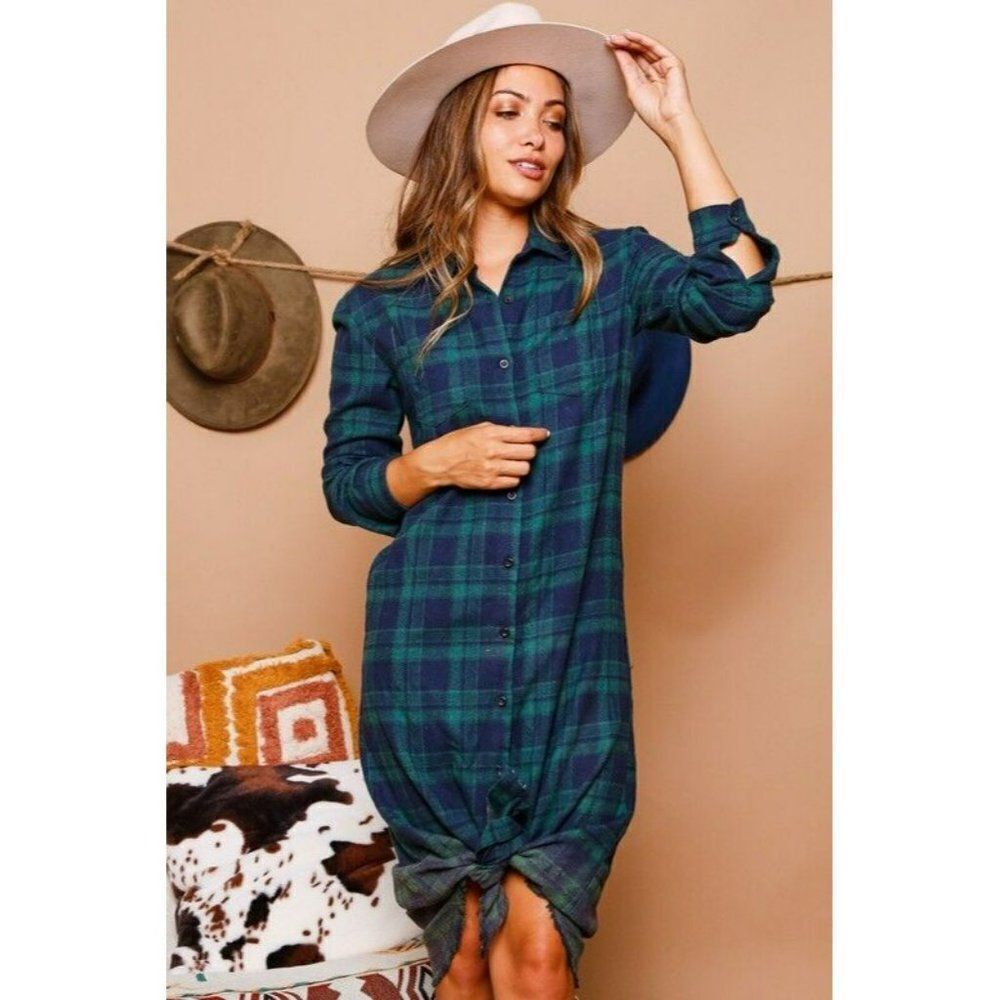Fantastic Fawn Plaid Green and Black Check Button Up Dress S-L IFD22498-01 - Picture 2 of 5